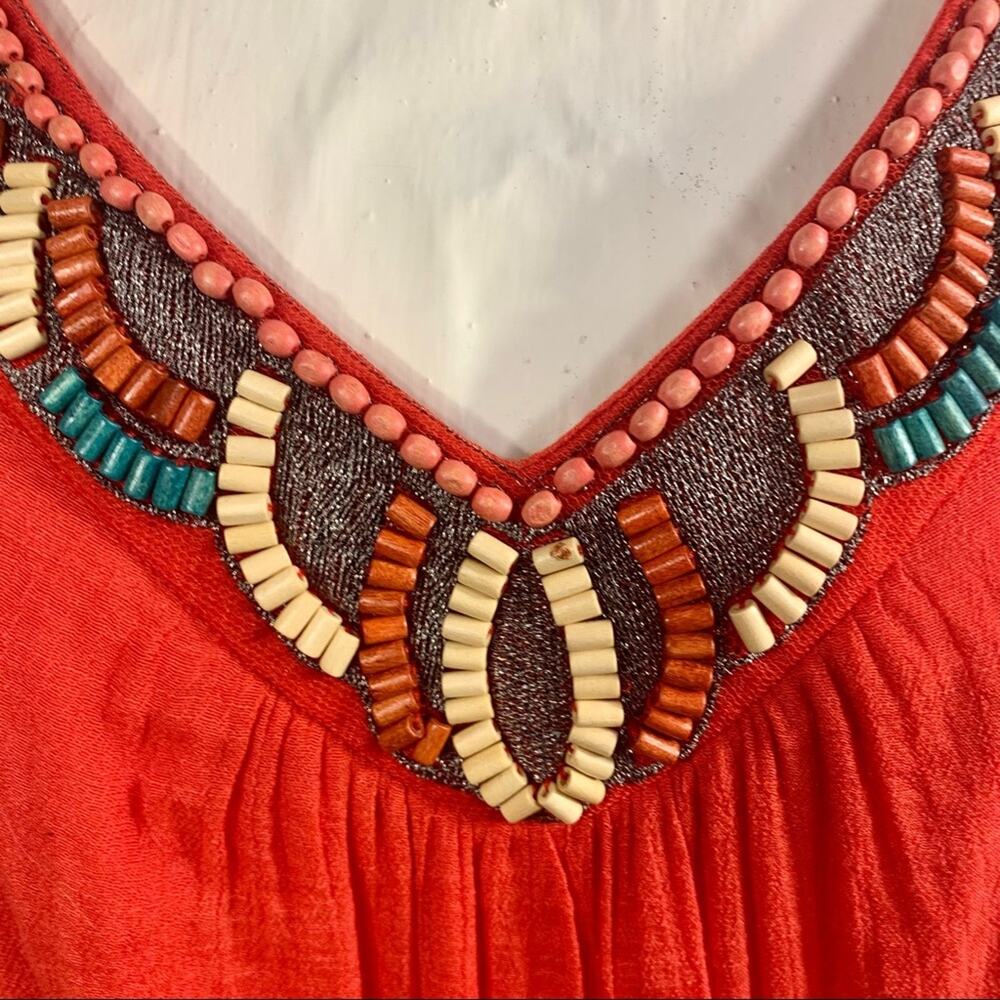 AGB Womens Orange Sleeveless Maxi Dress Size M Beaded V-Neck Elastic Waist Boho - Picture 6 of 15
